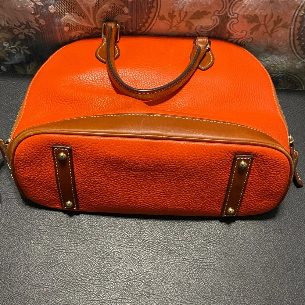 Dooney & Bourke Bright Orange Pebble Leather Dome Satchel with Brown Trim - Picture 4 of 8